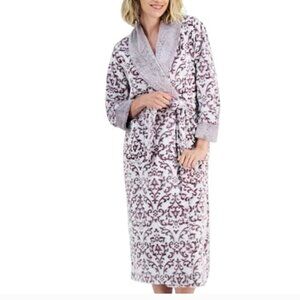 NWT Charter Club Super Soft Plush Robe Floral Scroll Gray/Cream Women Small/XS